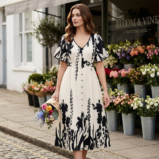 👗 50% OFF NOW! 🌸 Women's Botanical Print Midi Dress – V-Neck, A-Line & Flutter Sleeves 🌿