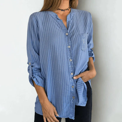 ✨ 50% OFF NOW! 👚 Women's V-Neck Striped Shirt with Sparkling Sequins – Glamour Meets Comfort 🌟👔