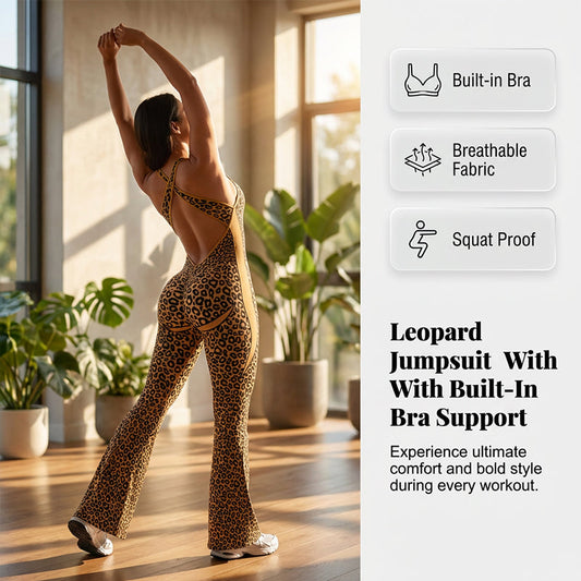 🌿 50% OFF NOW! 🐆 Women's Cheetah Print Workout Jumpsuit with Built-in Bra ✨