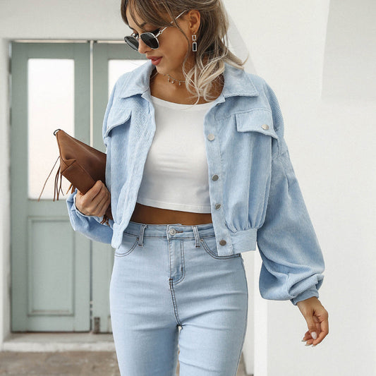 🌿 50% OFF NOW! 🧥 Women's Cropped Corduroy Jacket with Balloon Sleeves ✨
