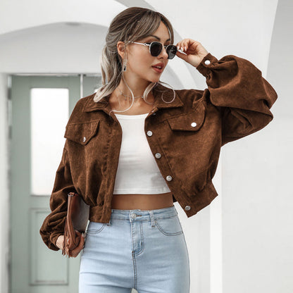 🌿 50% OFF NOW! 🧥 Women's Cropped Corduroy Jacket with Balloon Sleeves ✨
