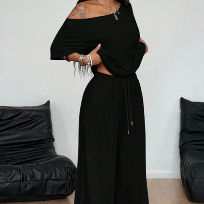👗 50% OFF NOW! 🌸 Women's Off-Shoulder Top & Pants 2-Piece Set – Asymmetrical Top, Wide-Leg Pants & Breathable Fabric ✨
