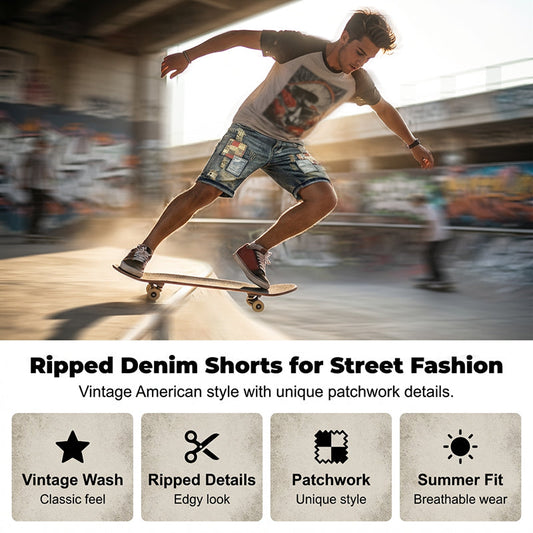 👖 50% OFF NOW! 🔥 Men's Ripped Denim Shorts – Patchwork Design, Distressed Style & Knee-Length Cut – Perfect for Street Style Edge ✨