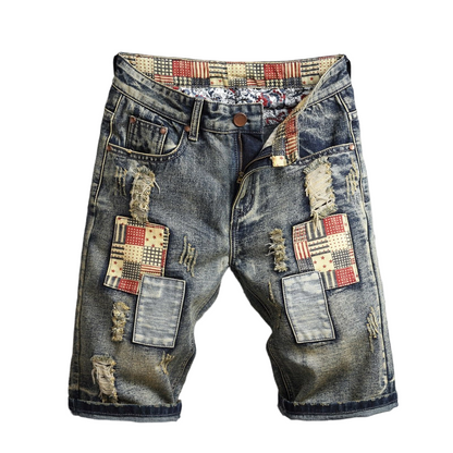 👖 50% OFF NOW! 🔥 Men's Ripped Denim Shorts – Patchwork Design, Distressed Style & Knee-Length Cut – Perfect for Street Style Edge ✨
