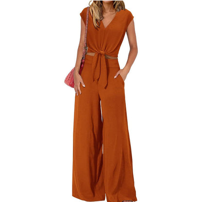 👗 50% OFF NOW! 🌿 Women's V-Neck Tie-Front Top & Wide-Leg Pants Set – Breathable Linen, Flattering Fit & Versatile Style ✨