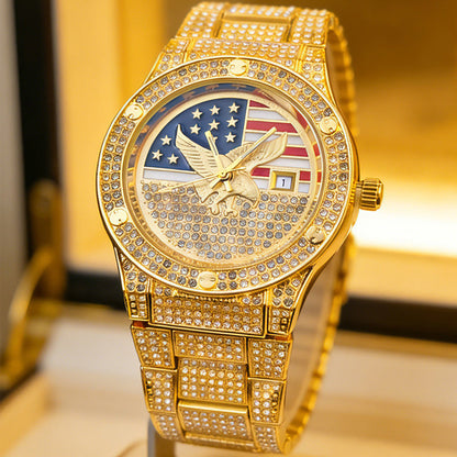 ⌚ 50% OFF NOW! 🦅 Gold Plated Hip Hop Style Patriotic Watch – Iced Out, Eagle Dial & Quartz Movement 🇺🇸