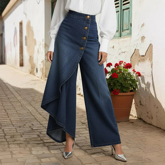 👖 50% OFF NOW! 🌀 Asymmetrical Wrap Denim Skirt Pants – High-Waisted, Wide-Leg & Decorative Button Placket ✨