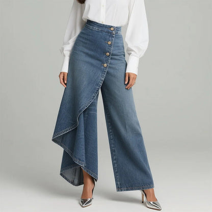 👖 50% OFF NOW! 🌀 Asymmetrical Wrap Denim Skirt Pants – High-Waisted, Wide-Leg & Decorative Button Placket ✨
