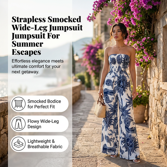 🏖️ 50% OFF NOW!✨ Strapless Wide-Leg Jumpsuit – Smocked Bodice & Porcelain Print – Flowy Resort Chic 💃
