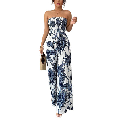 🏖️ 50% OFF NOW!✨ Strapless Wide-Leg Jumpsuit – Smocked Bodice & Porcelain Print – Flowy Resort Chic 💃