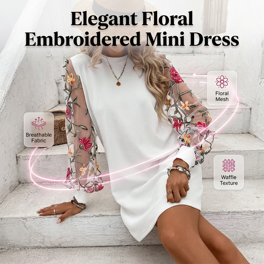 👗 50% OFF NOW! 🌸 Women's Floral Embroidered Mesh Sleeve Dress – Sheer Botanical Sleeves, Relaxed Fit & Breathable 🌿