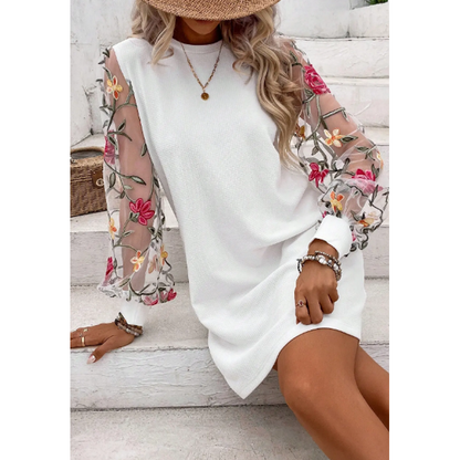 👗 50% OFF NOW! 🌸 Women's Floral Embroidered Mesh Sleeve Dress – Sheer Botanical Sleeves, Relaxed Fit & Breathable 🌿
