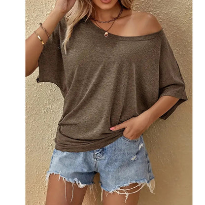 👚 50% OFF NOW! 🌸 Women's Casual Off-Shoulder Short Sleeve T-Shirt – Asymmetrical Neckline, Relaxed Fit & Breathable ✨