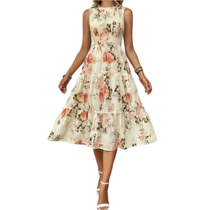 👗 50% OFF NOW! 🌸 Women's Sleeveless Floral Print Casual Dress – Smocked Bodice, Flowy Tiered Skirt & Versatile Midi Length ✨