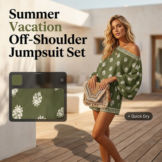 🌴 50% OFF NOW!👙 Bohemian Off-Shoulder Jumpsuit Set – Vintage Print & Pockets – Relaxed Vacation Romper 📸