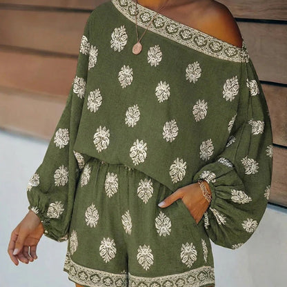 🌴 50% OFF NOW!👙 Bohemian Off-Shoulder Jumpsuit Set – Vintage Print & Pockets – Relaxed Vacation Romper 📸