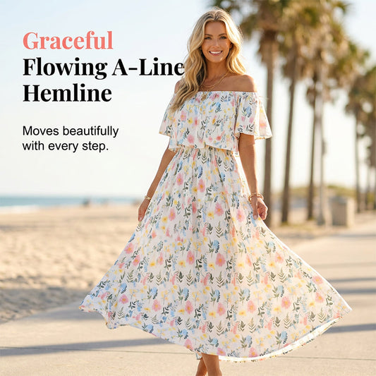 👗 50% OFF NOW! 🌸 Printed Off-Shoulder Maxi Dress – Floral Print, Ruffled Bodice & Hidden Pockets – Summer Essential ☀️