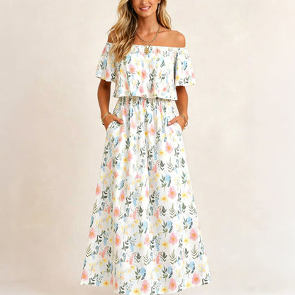 👗 50% OFF NOW! 🌸 Printed Off-Shoulder Maxi Dress – Floral Print, Ruffled Bodice & Hidden Pockets – Summer Essential ☀️