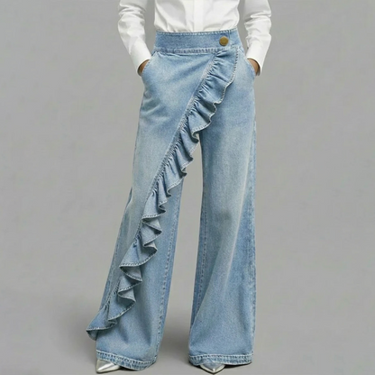 👖 50% OFF NOW! 💙 Women's Asymmetrical Ruffle Wide-Leg Denim Pants – High-Waisted, Premium Denim & Functional Pockets ✨