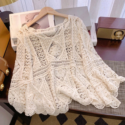 👚 50% OFF NOW! 🌸 Women's Vintage-Inspired Lace Cover-Up Blouse – Boho Crochet, Hollow-Out Pattern & Flare Sleeves ✨