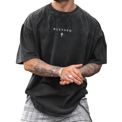 👕 50% OFF NOW! ⛪ Men's Cross & Letter Print Vintage T-Shirt – Soft Breathable Blend, Relaxed Drop Shoulder & Acid Wash Tones ✨