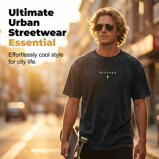 👕 50% OFF NOW! ⛪ Men's Cross & Letter Print Vintage T-Shirt – Soft Breathable Blend, Relaxed Drop Shoulder & Acid Wash Tones ✨