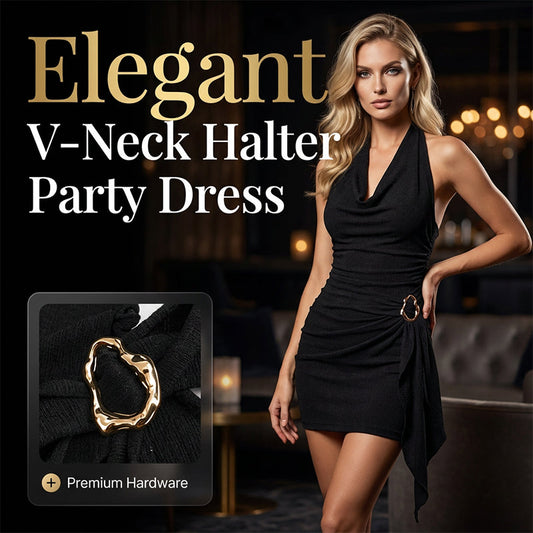 👗 50% OFF NOW!🔥 Sleeveless Bodycon Dress – Halter Neck & Side Drape – Ruched Asymmetrical Hem – Elegant Party Club Mini Dress 💃
