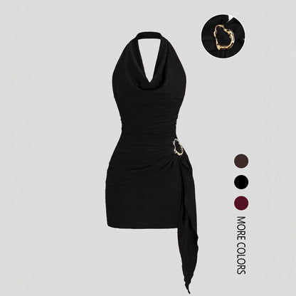 👗 50% OFF NOW!🔥 Sleeveless Bodycon Dress – Halter Neck & Side Drape – Ruched Asymmetrical Hem – Elegant Party Club Mini Dress 💃