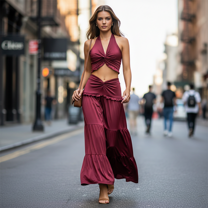 👗 50% OFF NOW! 💖 2026 New Collection – Halter Neck Two-Piece Set – Crop Top & Flowy Maxi Skirt – Effortlessly Elegant ✨