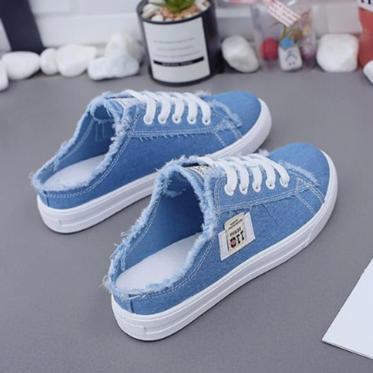 👟 50% OFF NOW! 💙 Women's Denim Mule Sneakers – Frayed Edges, Slip-On & Flat Sole – Effortlessly Cool & Comfortable ✨