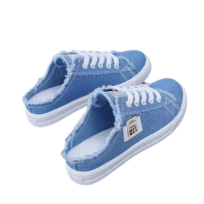 👟 50% OFF NOW! 💙 Women's Denim Mule Sneakers – Frayed Edges, Slip-On & Flat Sole – Effortlessly Cool & Comfortable ✨