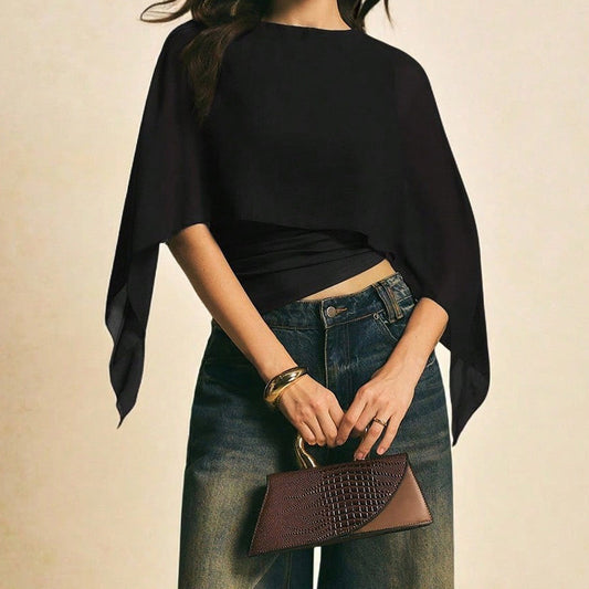👗 50% OFF NOW! ✨ Women's Elegant Chiffon Cape Sleeve Top – Cape Overlay, Asymmetrical Design & Ruched Waist – Perfect for Day to Night 💫
