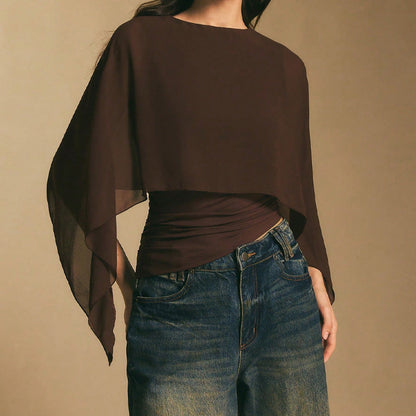👗 50% OFF NOW! ✨ Women's Elegant Chiffon Cape Sleeve Top – Cape Overlay, Asymmetrical Design & Ruched Waist – Perfect for Day to Night 💫