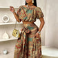 👗 50% OFF NOW! 🌺 Printed Off-Shoulder 2-Piece Set – Puff Sleeve & High-Waist – Boho Chic & Versatile 🏖️