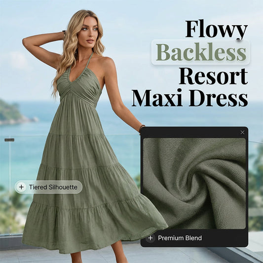 👗 50% OFF NOW! 🌴 Women's Halter Neck Backless Maxi Dress – Tiered, Flowy, Resort Style 🌺