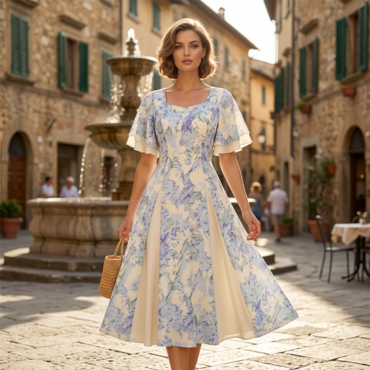 👗 50% OFF NOW! 🌸 Ethereal Flutter Sleeve Fit-and-Flare Dress – Square Neckline, Cinched Waist & Vintage Floral 🦋