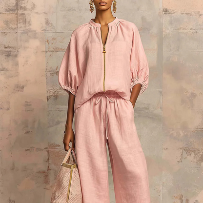 👚 50% OFF NOW! 💃 Women's Solid Color 2-Piece Casual Tracksuit Set – Puff Sleeves & Wide-Leg Pants ✨
