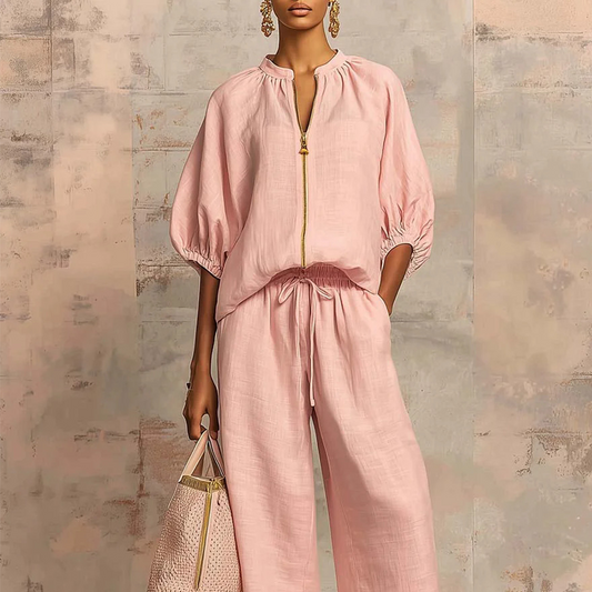 👚 50% OFF NOW! 💃 Women's Solid Color 2-Piece Casual Tracksuit Set – Puff Sleeves & Wide-Leg Pants ✨