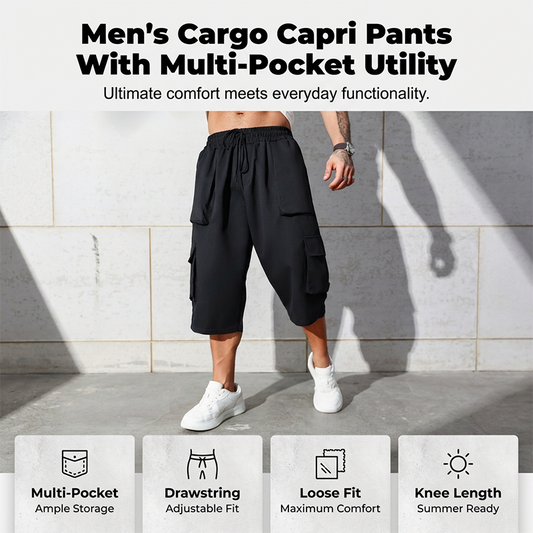 🩳 50% OFF NOW! 🔧Men's Casual Cargo Capri Shorts – Large Pockets & Wide-Leg Fit 🌲