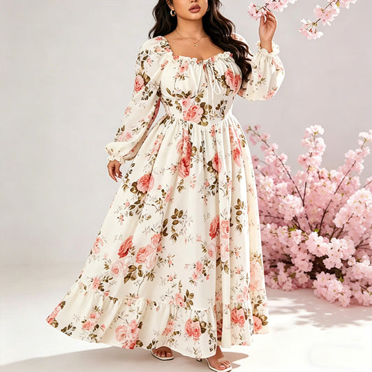 👗 50% OFF NOW! 🌸 Floral Square Neck Maxi Dress – Vintage Puff Sleeves & High Waist ✨