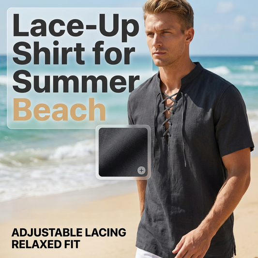 👕 50% OFF NOW! 🏖️ Men’s Casual Lace-Up Short Sleeve Shirt – Breathable Linen Blend ☀️