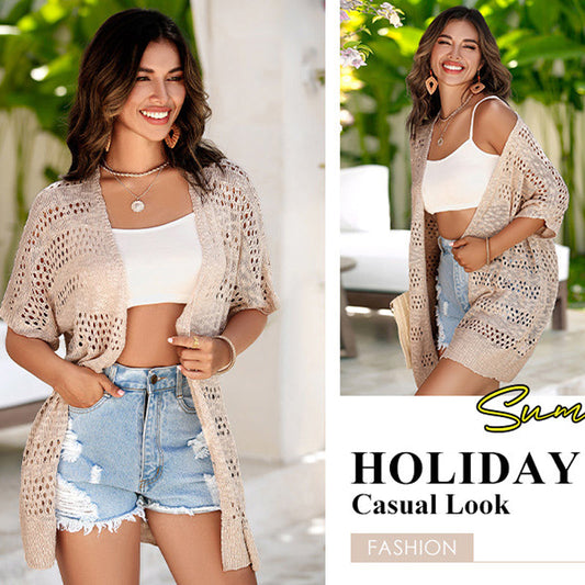 👚 50% OFF NOW! 🌸 Women's Short Sleeve Hollow-Out Knit Cardigan – Breathable Pointelle, Lightweight & Versatile Open-Front – Summer Essential ☀️