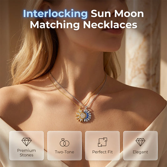 🌞 50% OFF NOW! 🌙 Sun & Moon Pendant Necklace Set – Interlocking, Rhinestone & Two-Tone – Perfect for Couples & Best Friends 💖