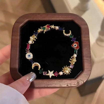 💫 50% OFF NOW! 🌙 Celestial Charm Bracelet – Sun, Moon & Stars – Multi-Color Crystals & Mystical Design 🌟