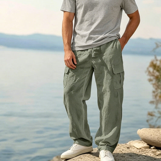 👖 50% OFF NOW! 🌿 Men's Cotton Linen Cargo Pants – Breathable, Relaxed Wide-Leg & Multi-Pocket – Drawstring Waist for Easy Fit ☀️