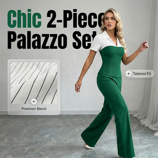 👗 50% OFF NOW! ✨ Striped Lapel Set – V-Neck Tee & Palazzo Pants – Flowing & Elegant 💼