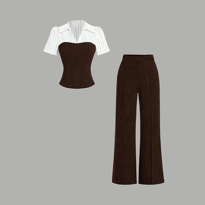 👗 50% OFF NOW! ✨ Striped Lapel Set – V-Neck Tee & Palazzo Pants – Flowing & Elegant 💼