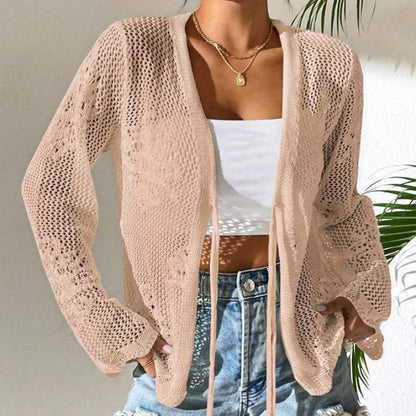 🌿 50% OFF NOW! 👗 Casual Loose V-Neck Hollow-Out Cardigan – Breathable Open-Knit, Tie-Front & Lightweight – Summer Essential ✨