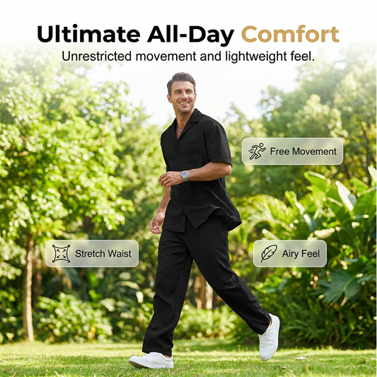 👔 50% OFF NOW! ✨ Men's Short Sleeve Set – Shirt & Pants, Camp Collar & Relaxed Fit – Breathable Polyester & Solid Colors 🌴