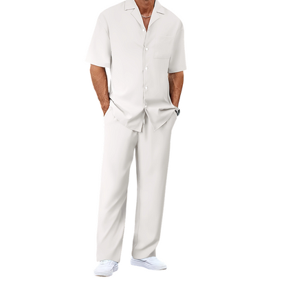 👔 50% OFF NOW! ✨ Men's Short Sleeve Set – Shirt & Pants, Camp Collar & Relaxed Fit – Breathable Polyester & Solid Colors 🌴